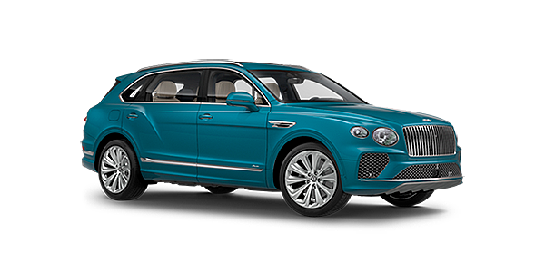 Bentley Barcelona Bentley Bentayga EWB Azure front side angled view in Topaz blue coloured exterior. 