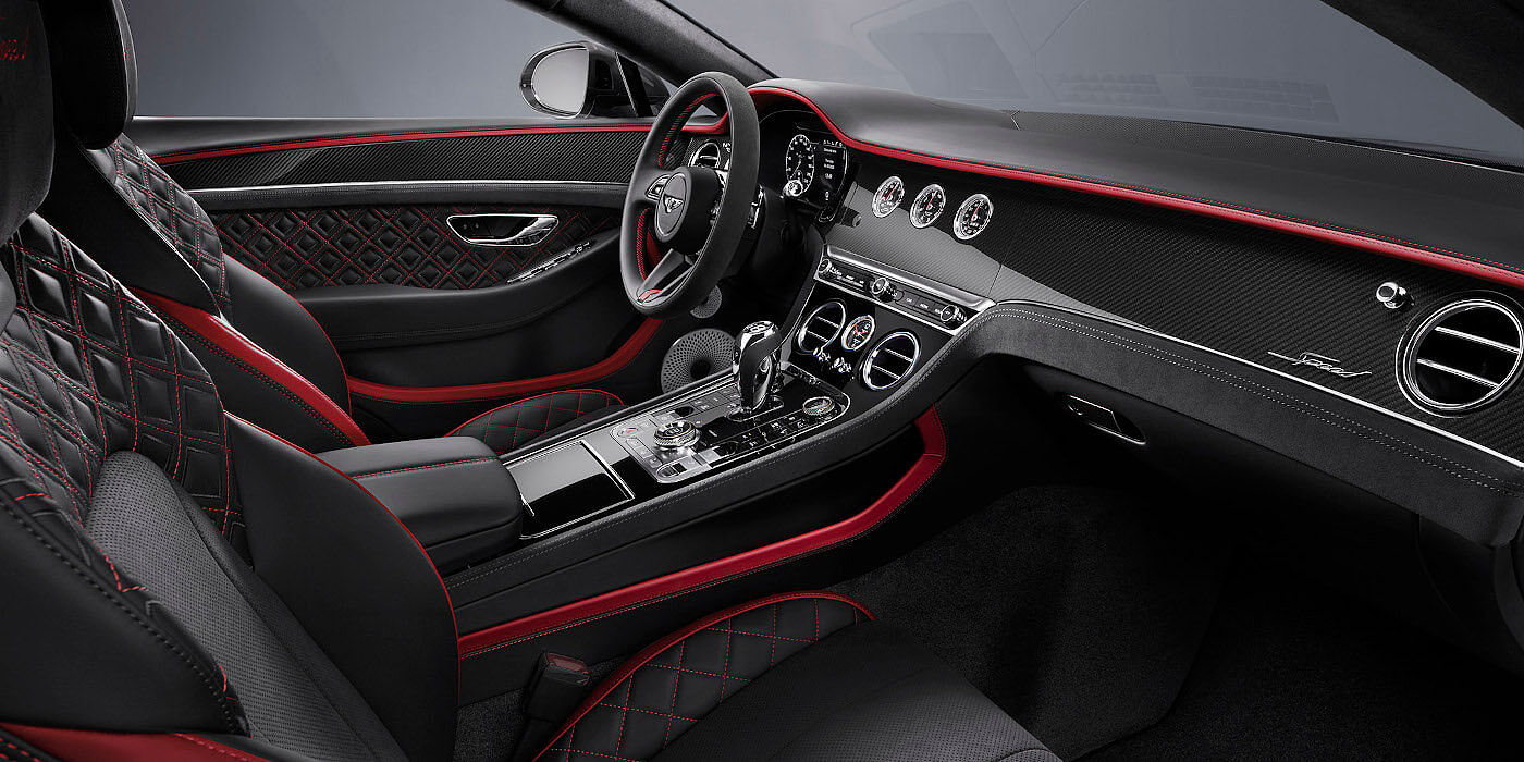 Bentley Barcelona Bentley Continental GT Speed coupe front interior in Beluga black and Hotspur red hide