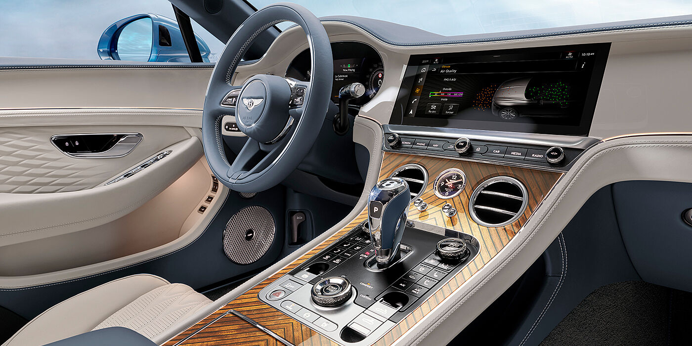Bentley Barcelona New Bentley Continental GTC Azure convertible interior front cabin view with Linen and Brunel hides and Piano Linen by Mulliner veneer featuring centre console and centre MMI screen