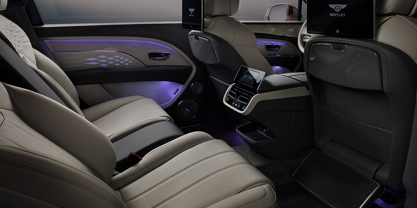 Bentley Barcelona Bentley Bentayga EWB Azure SUV rear interior with Bentley Diamond Illumination