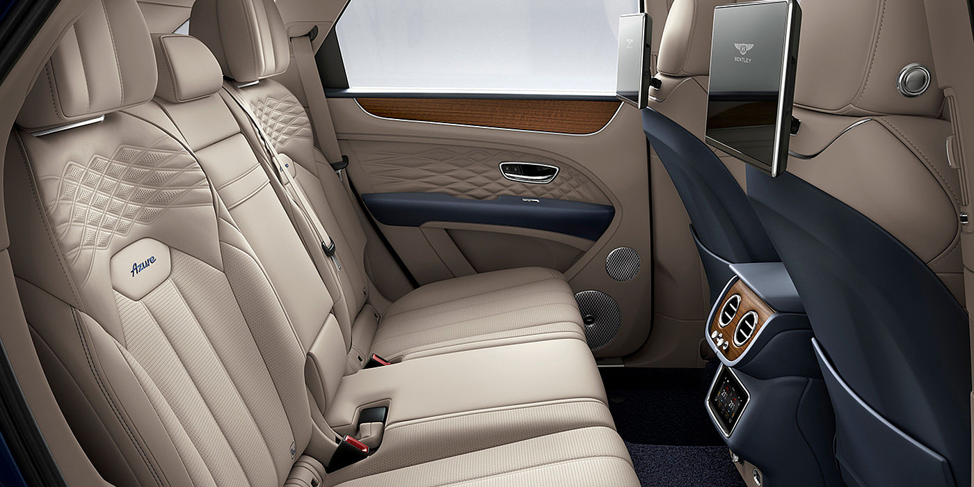 Bentley Barcelona Bentey Bentayga Azure interior view for rear passengers with Portland hide and Rear Seat Entertainment. 