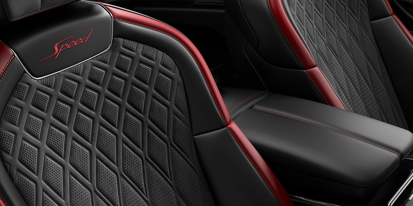 Bentley Barcelona Bentley Flying Spur Speed sedan seat stitching detail in Beluga black and Cricket Ball red hide