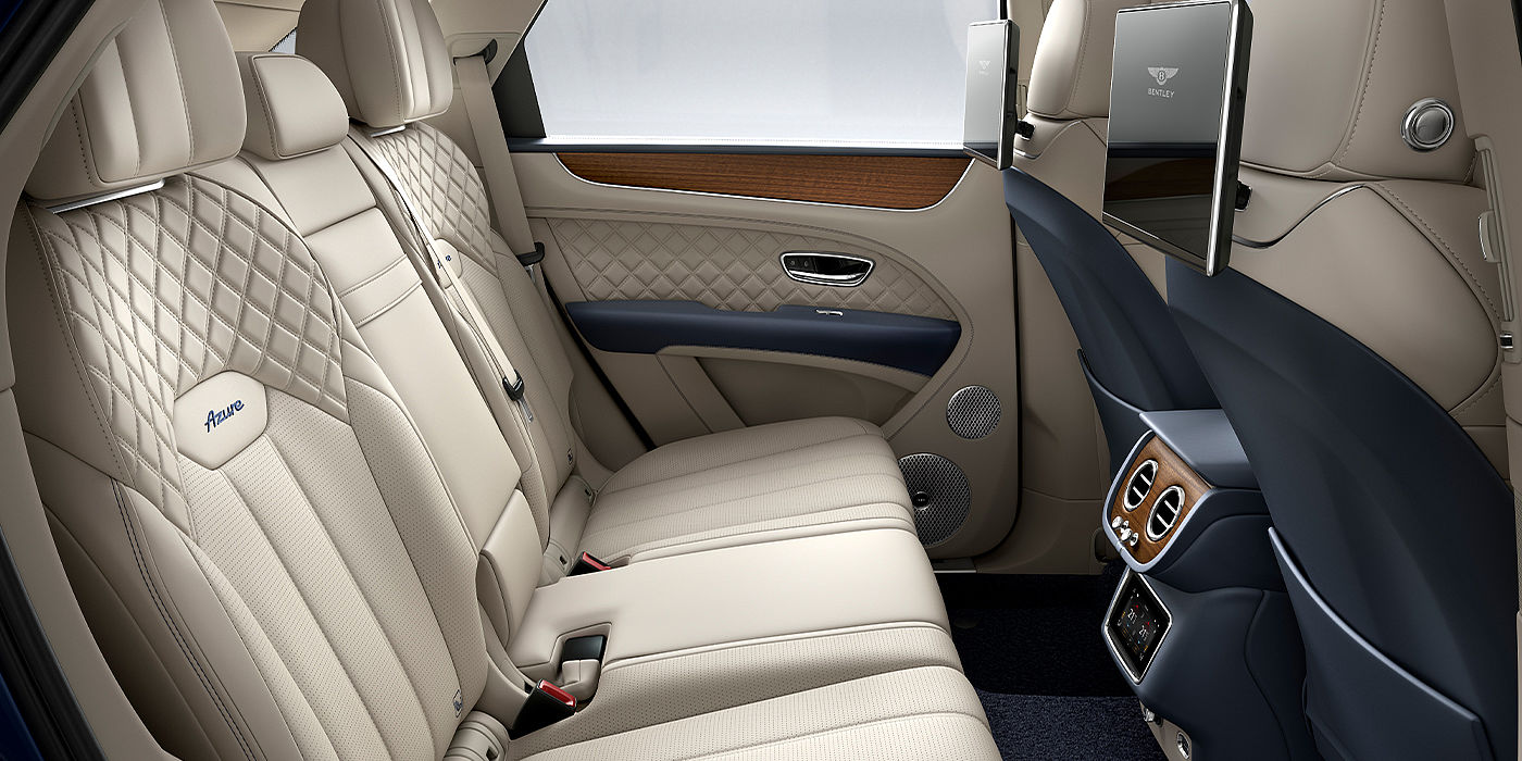 Bentley Barcelona Bentley Bentayga Azure SUV rear interior in Imperial Blue and Linen hide