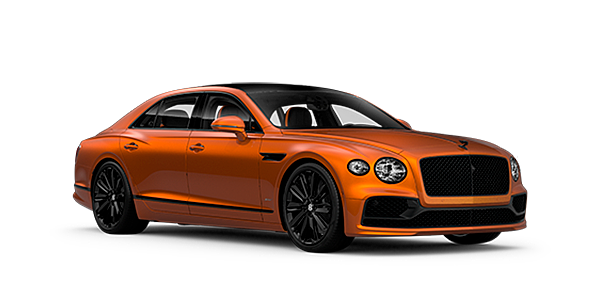 Bentley Barcelona Bentley Flying Spur Speed front side angled view in Orange Flame coloured exterior. 