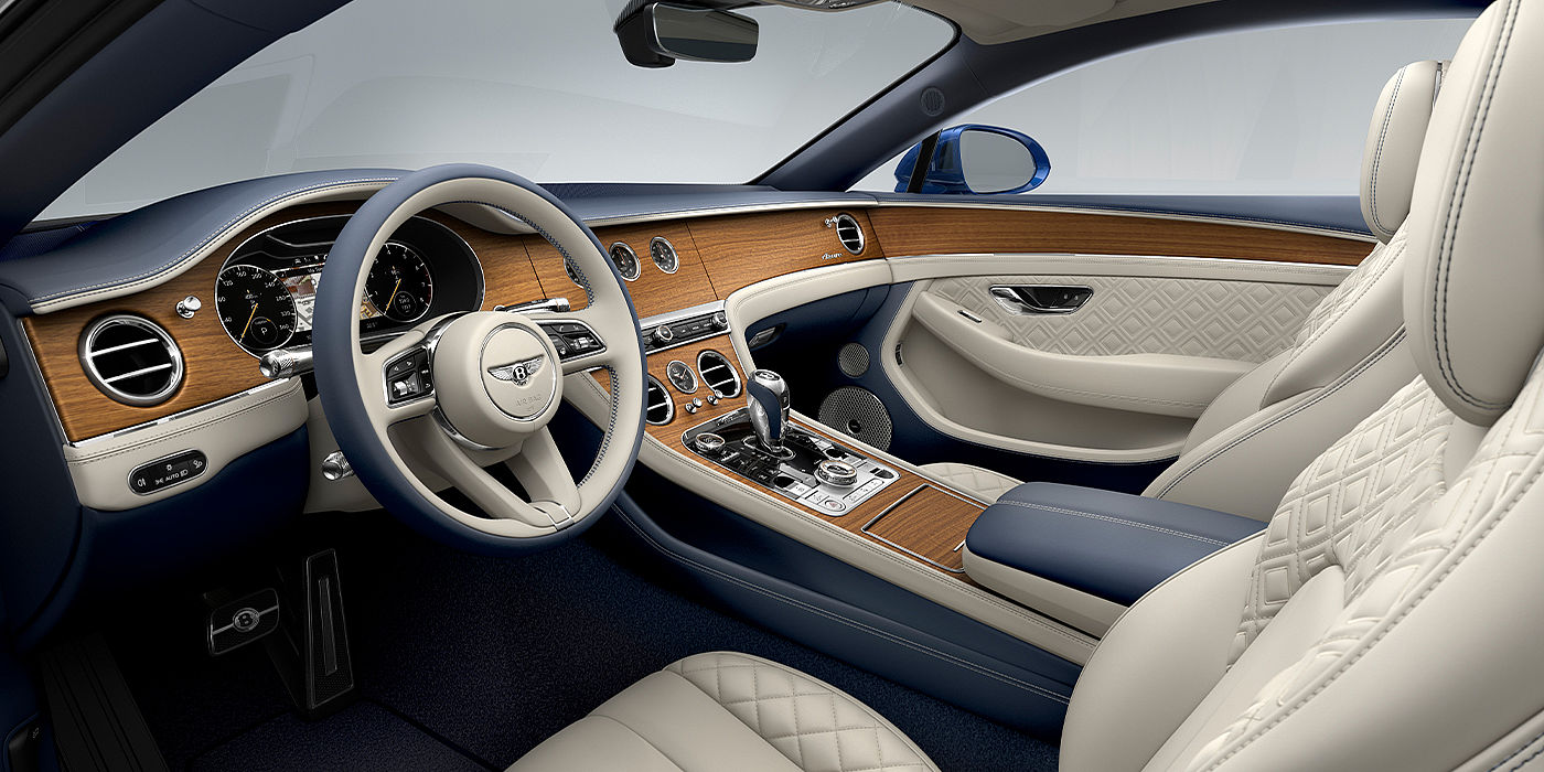 Bentley Barcelona Bentley Continental GT Azure coupe front interior in Imperial Blue and linen hide