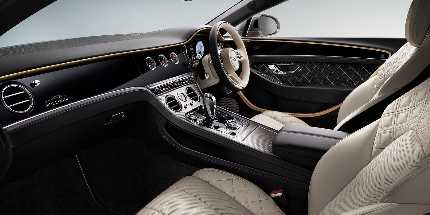 Bentley Barcelona Bentley Continental GT Mulliner coupe front interior in Beluga black and Linen hide