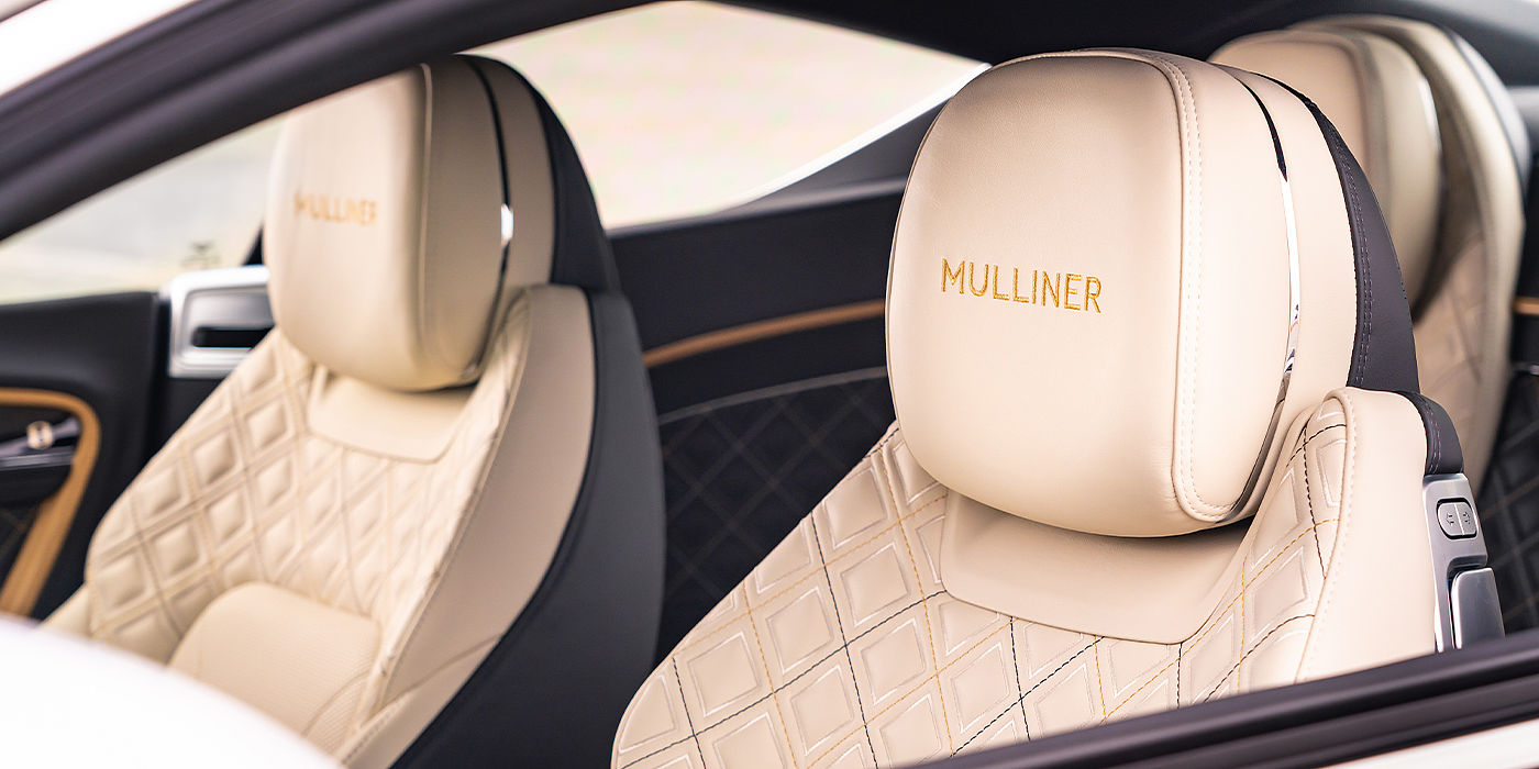 Bentley Barcelona Bentley Continental GT Mulliner coupe seat detail in Beluga black and Linen hide
