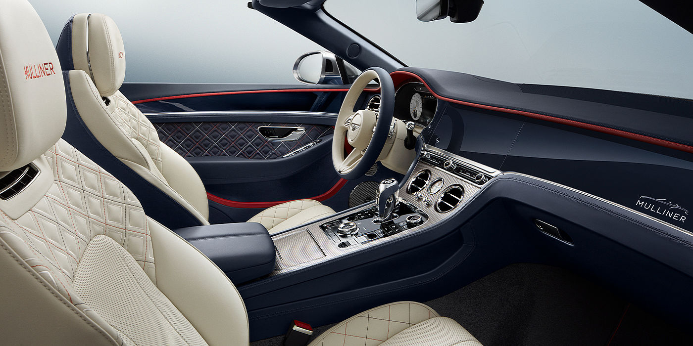 Bentley Barcelona Bentley Continental GTC Mulliner convertible front interior in Imperial Blue and Linen hide