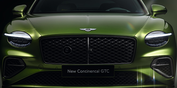 Bentley Barcelona Bentley Continental GTC Speed convertible front bonnet detail in Tourmaline Green paint showing new light design