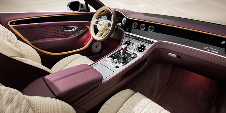 Bentley Barcelona Bentley Continental GTC Mulliner convertible front interior including Linen and Damson purple hides and Grand Black veneer