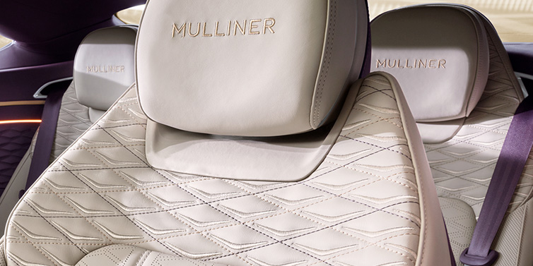 Bentley Barcelona Bentley Continental GT Mulliner coupe seat detail in Linen leather with Mulliner Diamond in Diamond quilting and Mulliner embroidered seat emblem